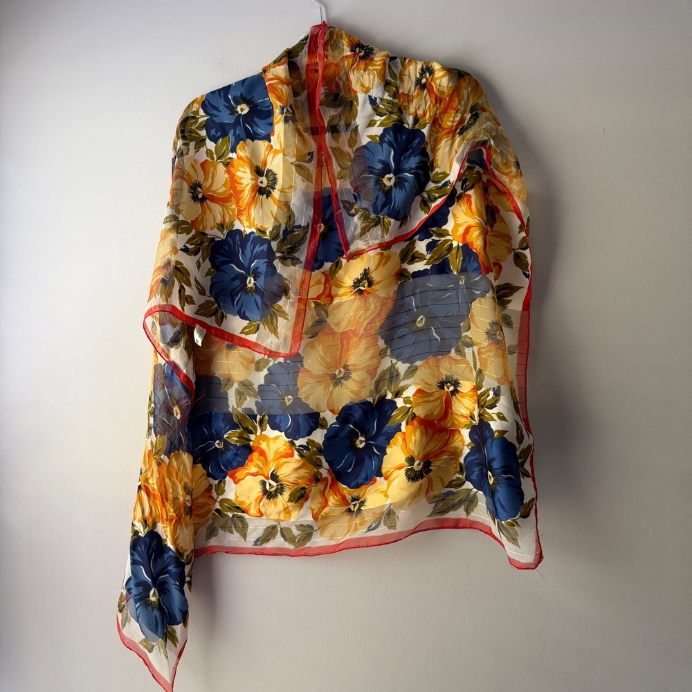 Vintage Paul Harris Floral Scarf Womens OS Multi Italian Sheer Gold Stripe